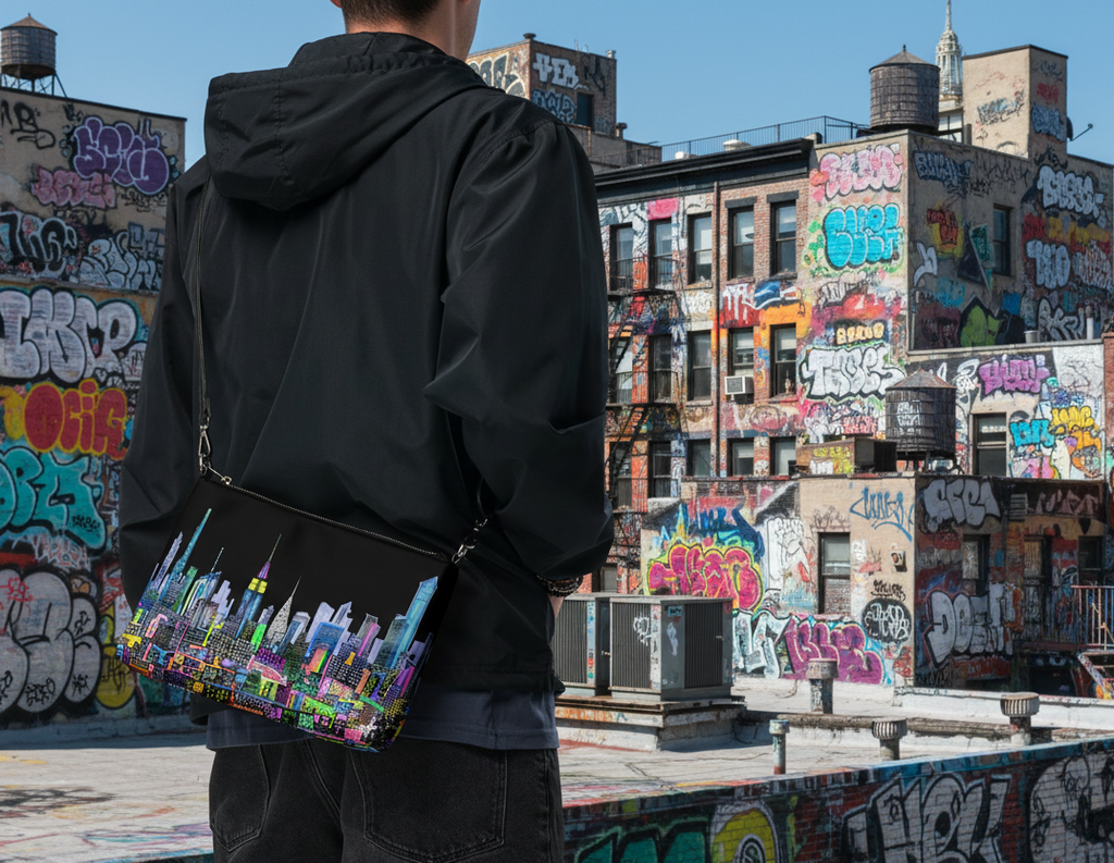 Person wearing a black jacket with a colorful Loria NYC Art cityscape bag on graffiti roof tops