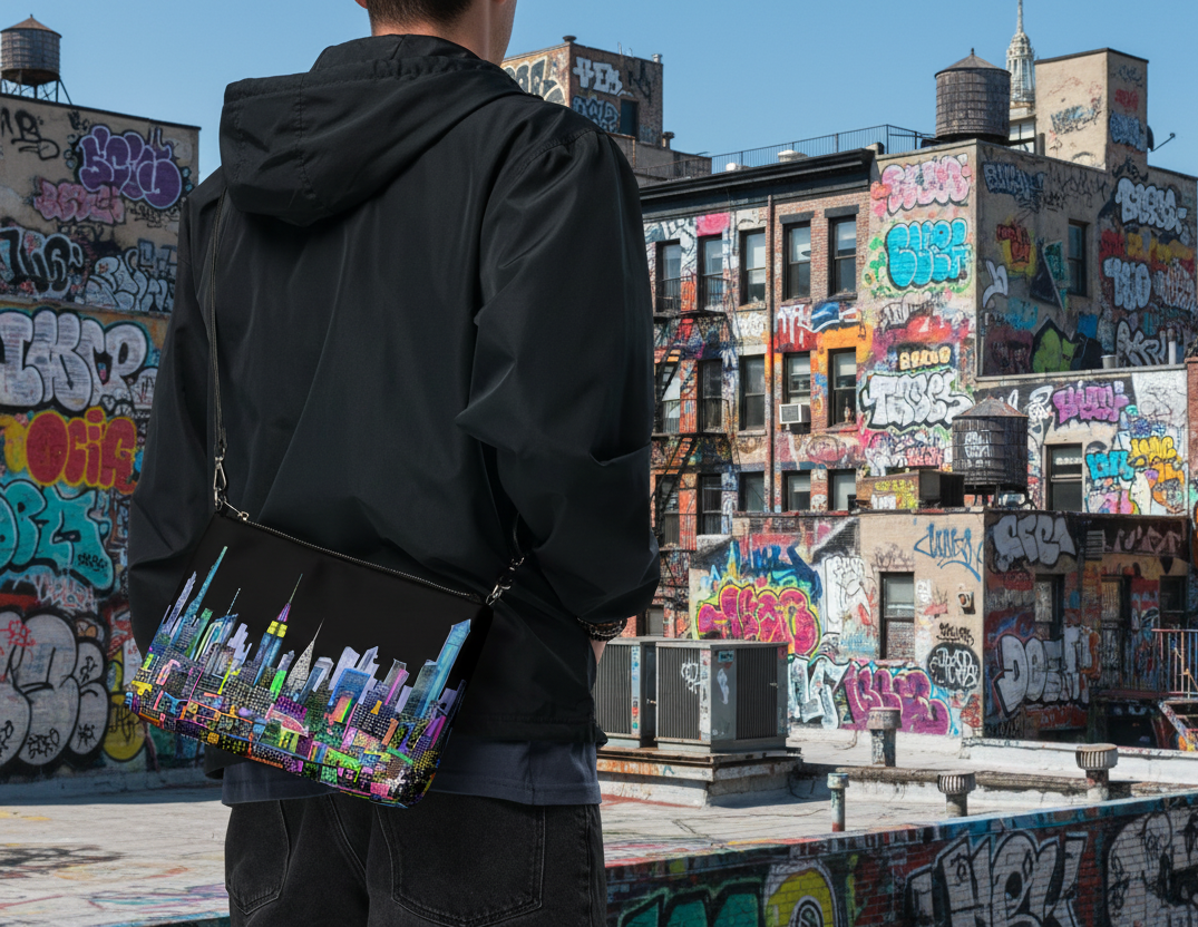 Person wearing a black jacket with a colorful Loria NYC Art cityscape bag on graffiti roof tops