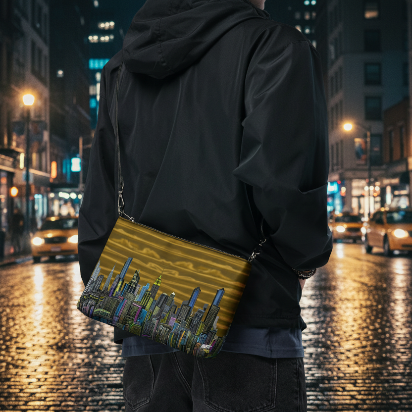 Person holding a crossbody bag with a Loria NYC Art cityscape design in the urban streets 