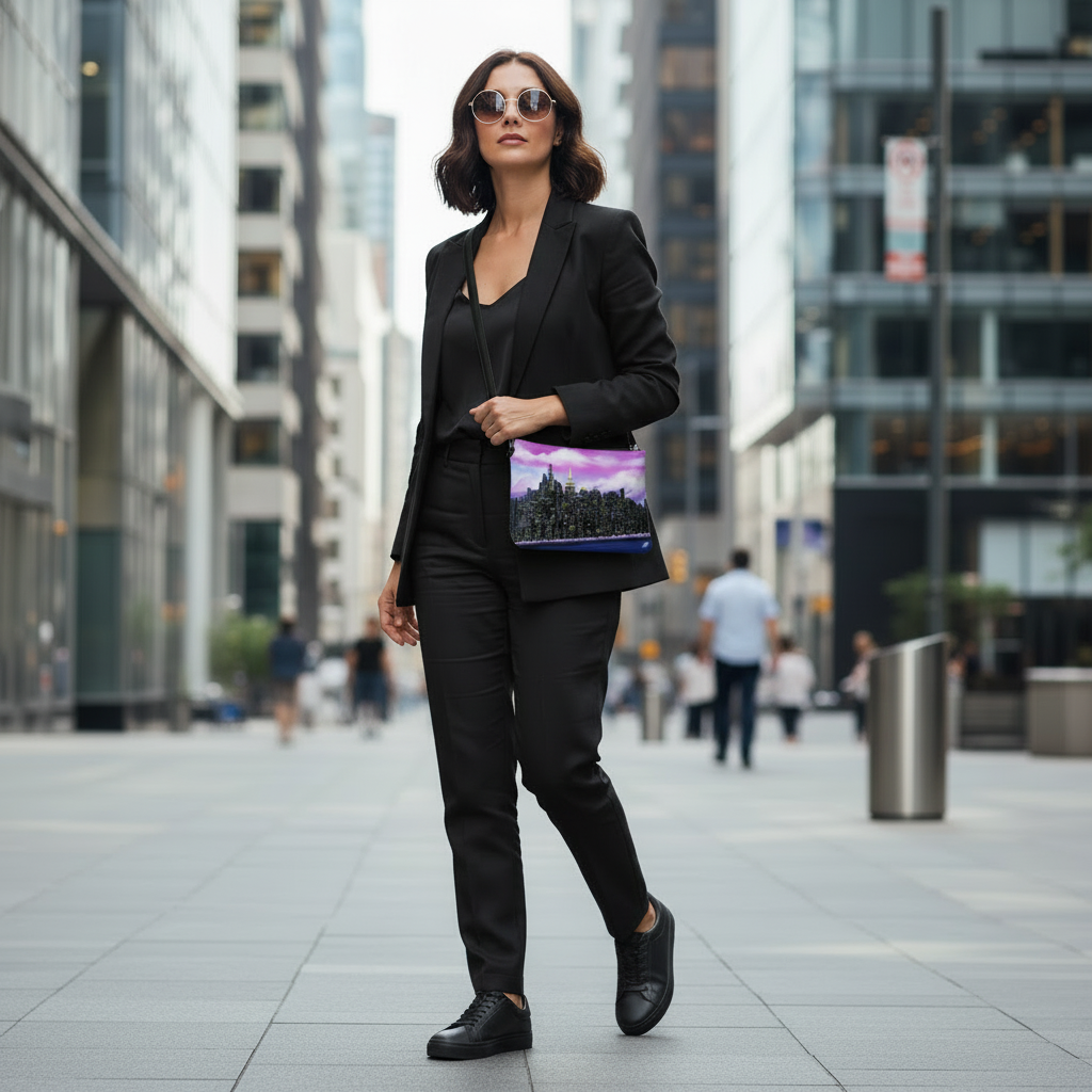 Woman in a black suit holding a colorful handbag designed by Loria NYC Art in an urban setting
