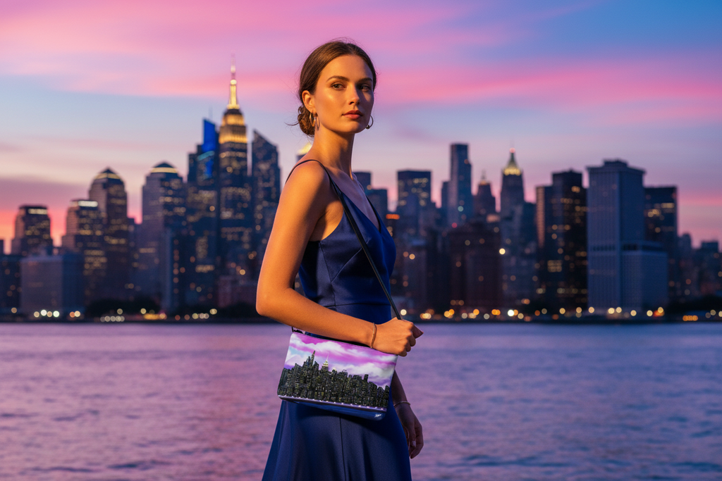 Woman in a blue dress with a colorful Loria NYC Art clutch standing in front of a city skyline at sunset.