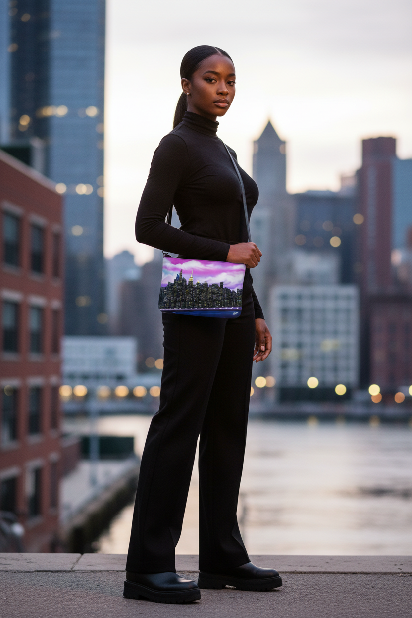 Person holding a colorful Loria NYC Art bag with a cityscape design, standing in an urban setting.