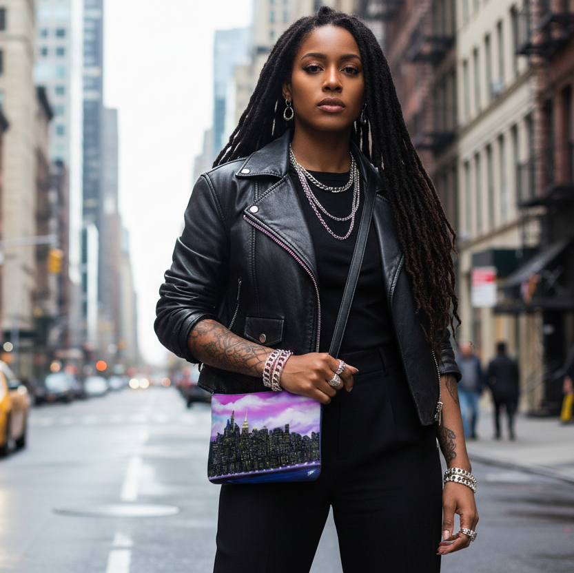 Lady posing with Crossbody bag with a Loria NYC Art city skyline design 