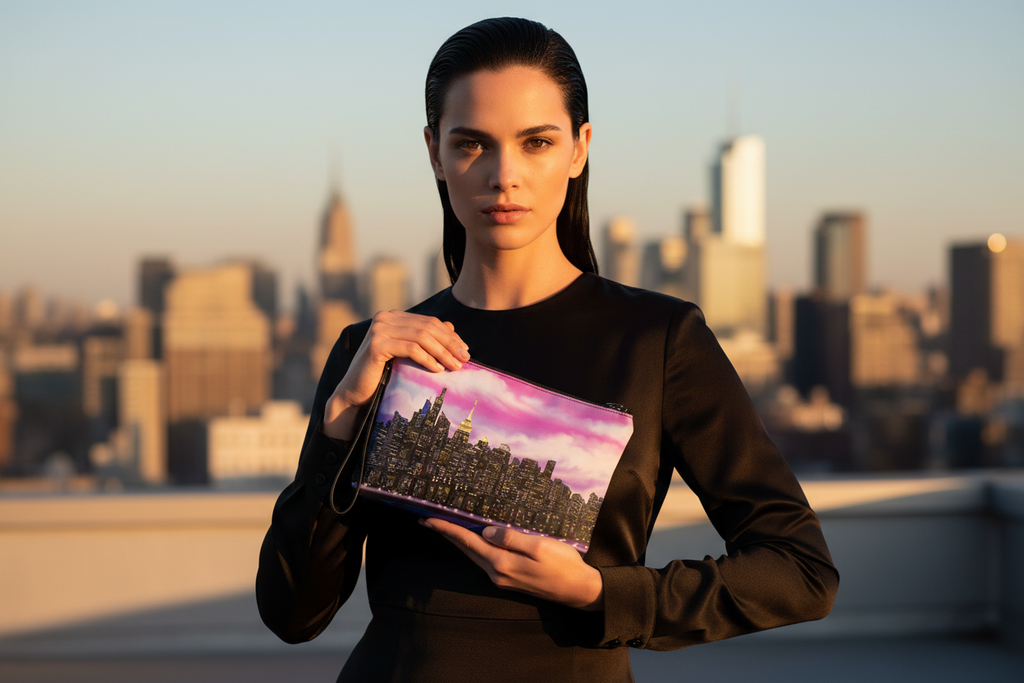 Woman in a black outfit holding a Loria NYC Art clutch on a city street.