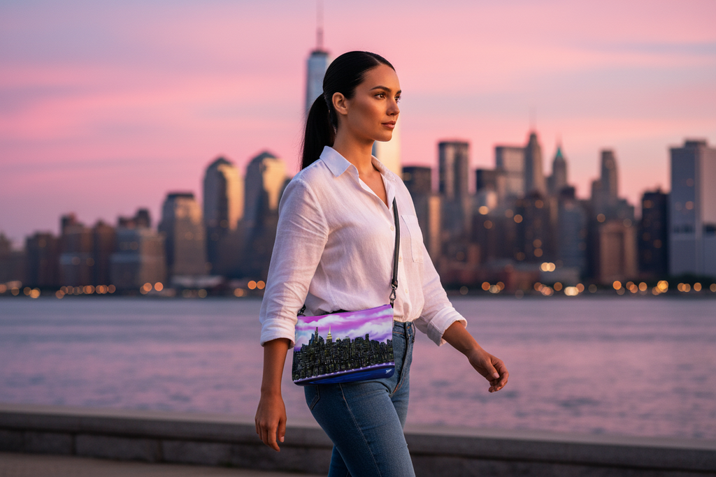 Woman walking with a crossbody bag featuring a Loria NYC Art scenic design, city skyline in the background