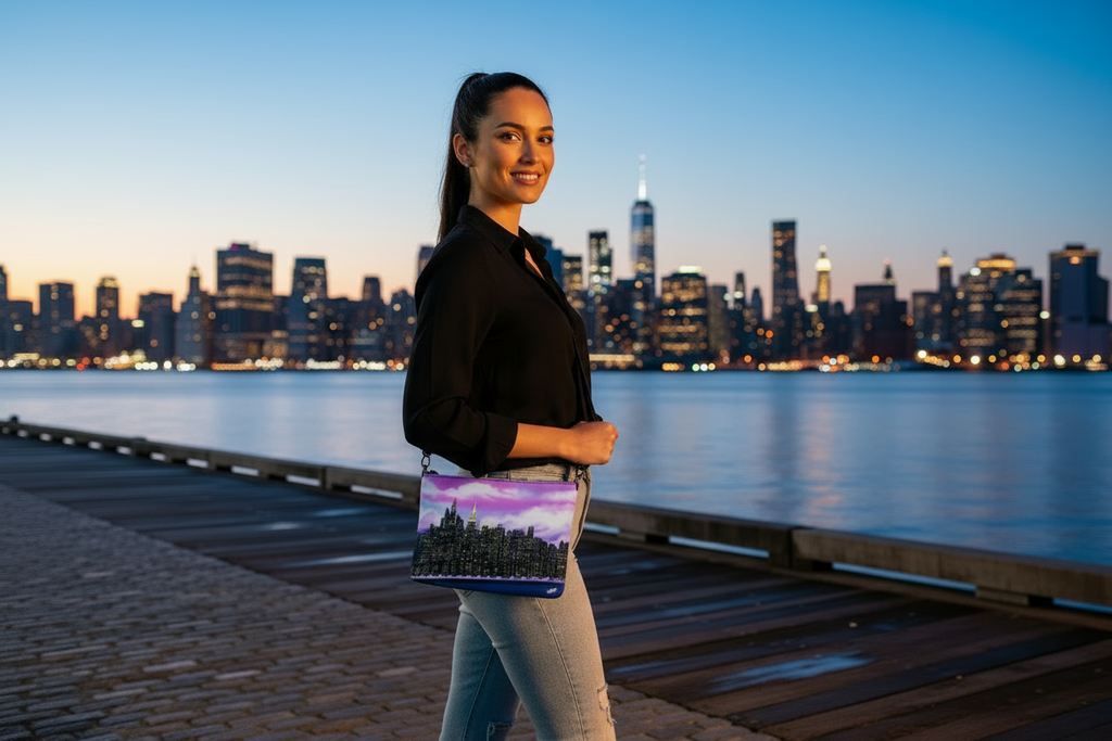 Woman holding a colorful bag with a Loria NYC Art cityscape design, standing on a dock with a city skyline in the background.