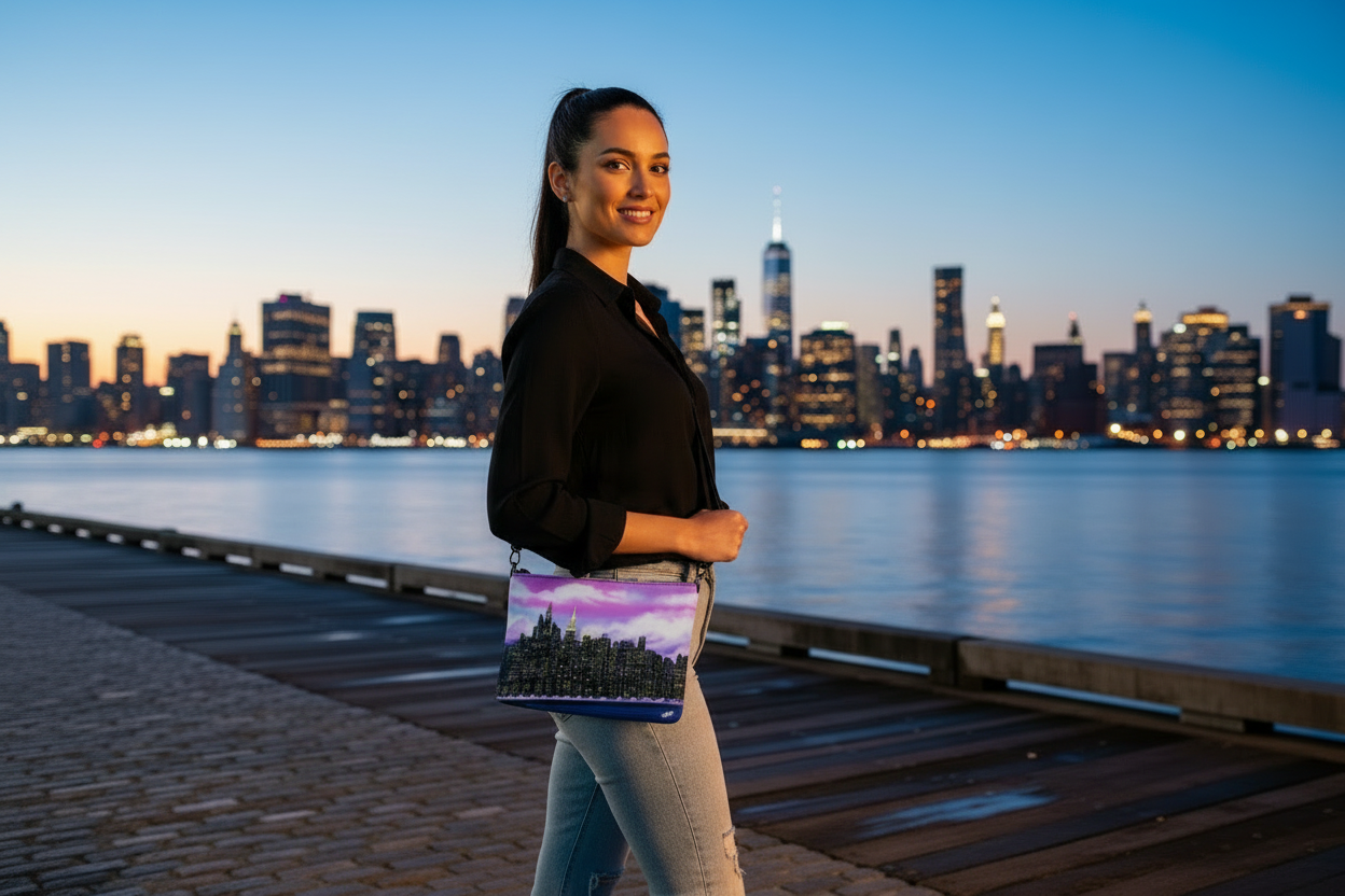 Woman holding a colorful bag with a Loria NYC Art cityscape design, standing on a dock with a city skyline in the background.