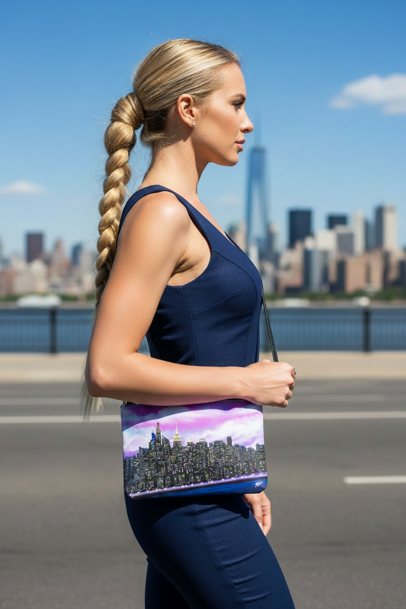 Woman with tattoos holding a handbag with a cityscape Loria NYC Art design, standing on a bridge with a city skyline in the background.