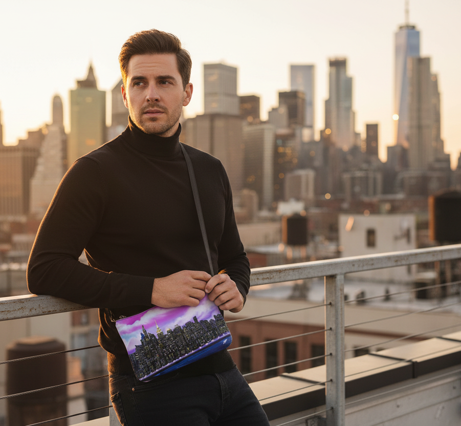 Man posing with Crossbody bag with a Loria NYC Art city skyline design 