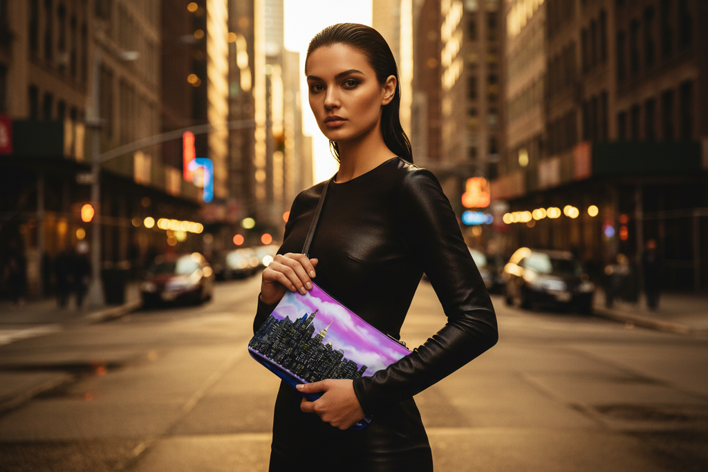 Woman in a black outfit holding a Loria NYC Art clutch on a city street.