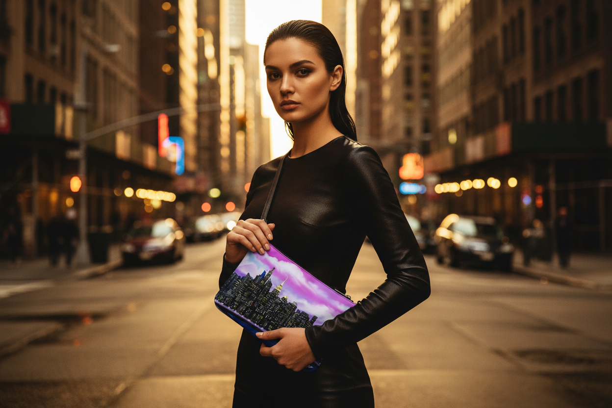 Woman in a black outfit holding a Loria NYC Art clutch on a city street.