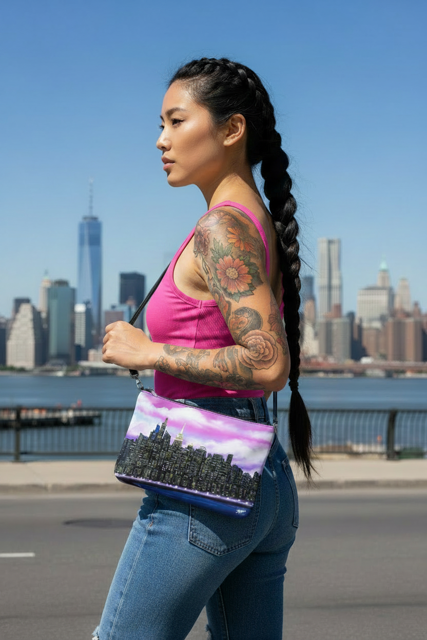 Woman with tattoos holding a colorful bag with cityscape Loria NYC Art design, skyline in the background