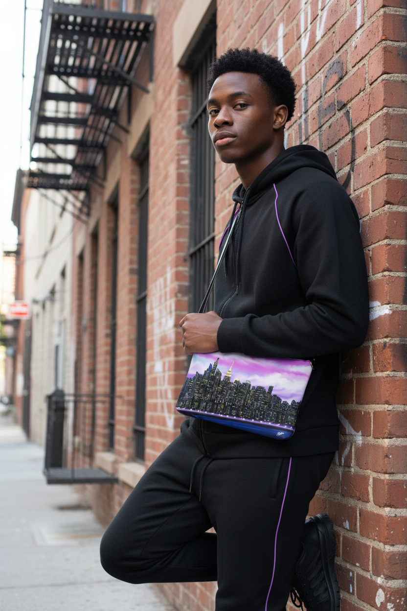 Person holding a cityscape Loria NYC Artbag against a brick wall