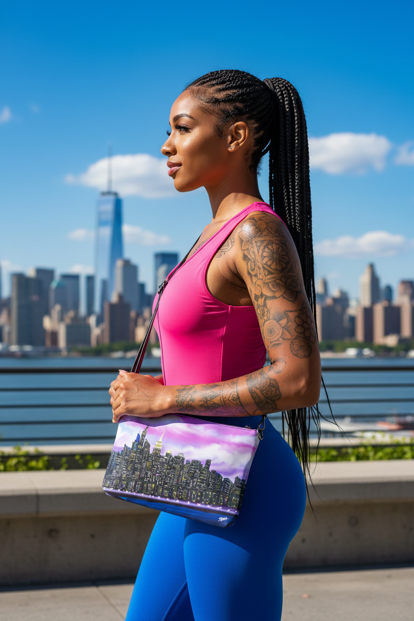 Woman in pink top and blue leggings holding a colorful Loria NYC Art bag with cityscape design, standing against a city skyline.