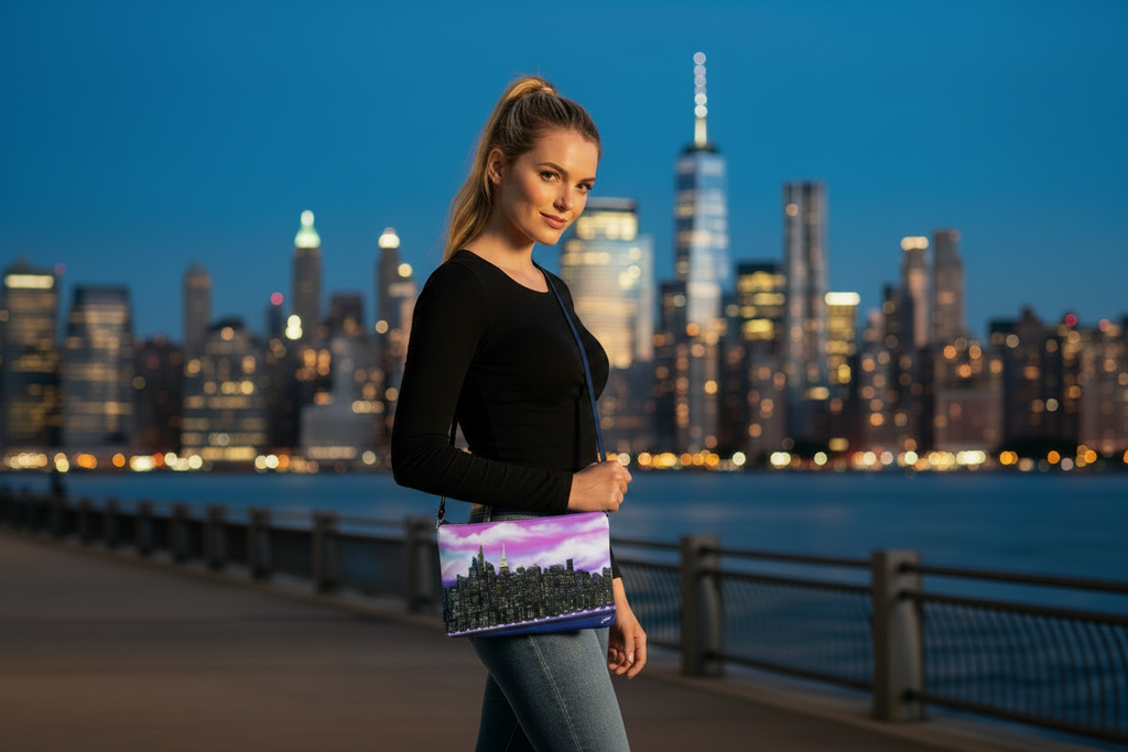 Woman holding a Loria NYC Art bag with a cityscape at night and skyline in the background