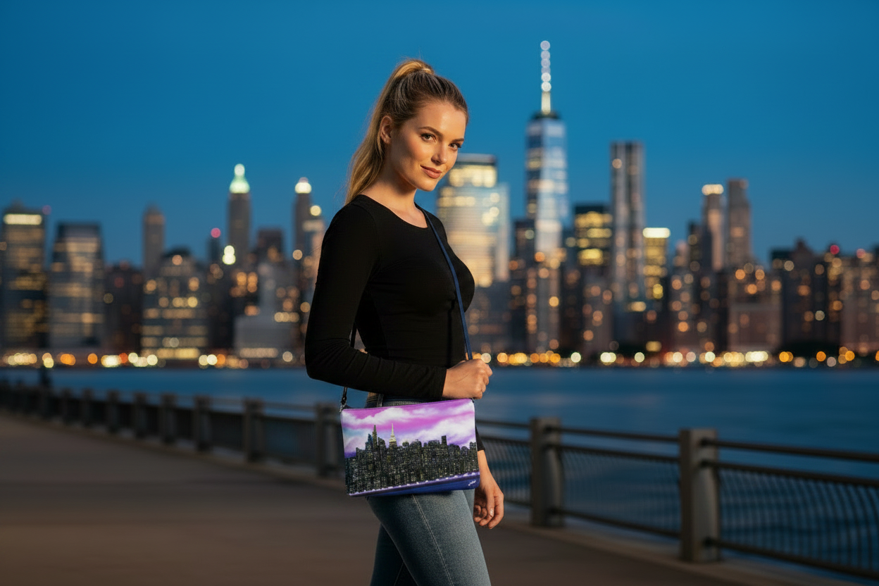 Woman holding a Loria NYC Art bag with a cityscape at night and skyline in the background