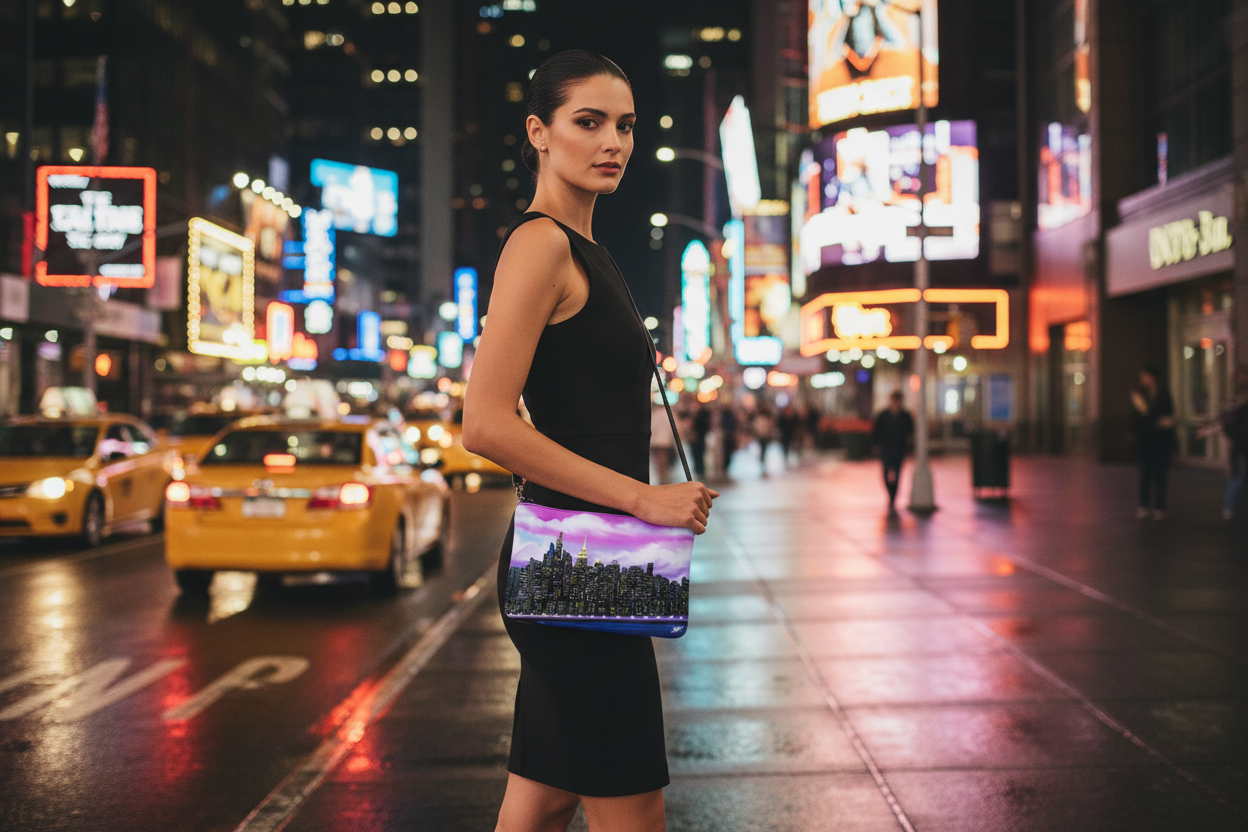 Woman holding a colorful Loria NYC Art bag in Times Square at night