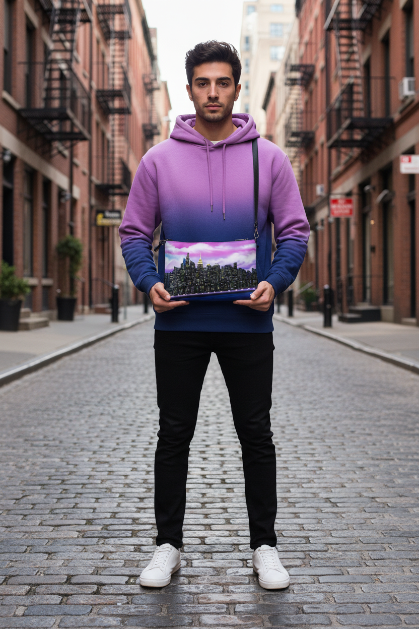 Man holding a product with a Loria NYC Art cityscape bag on a street in an urban setting