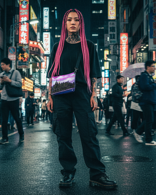 Person with pink hair standing in a busy urban street at night with Loria NYC art crossbody bag.