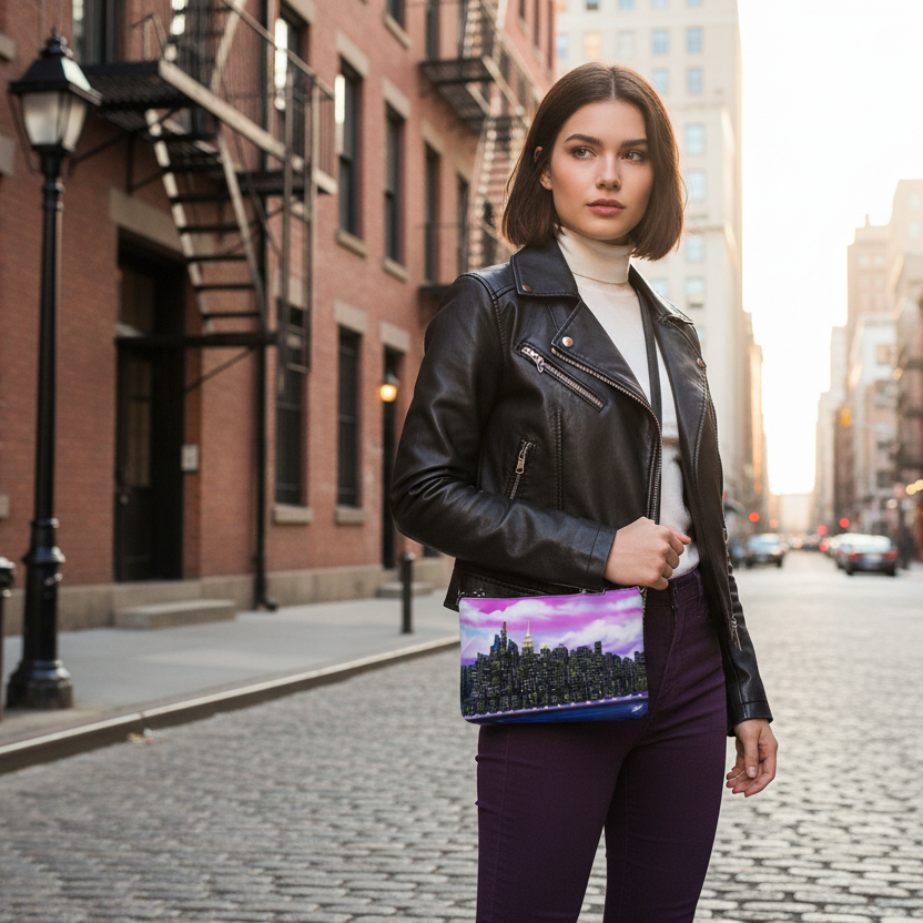 Woman holding a colorful Loria NYC Art clutch in an urban setting