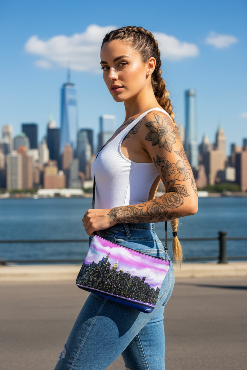Woman with tattoos holding a purple Loria NYC Art clutch with a cityscape design, standing in front of a city skyline.