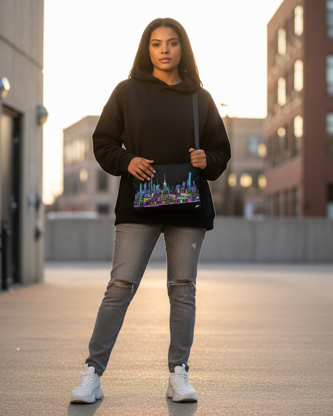 Girl holding Black crossbody bag with colorful Loria NYC Art cityscape design 