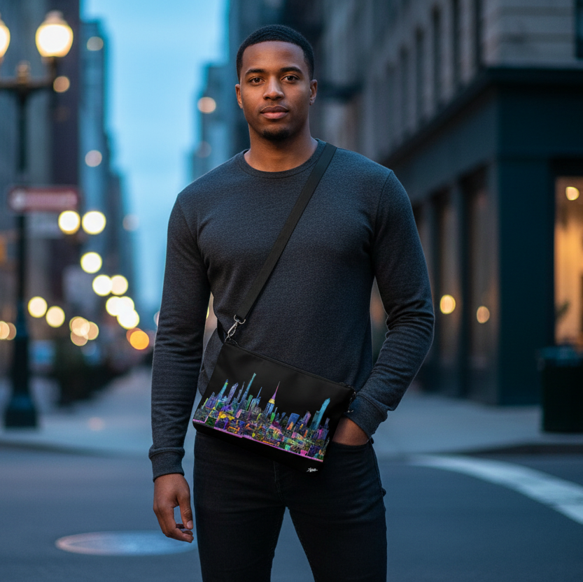 Man standing on a city street at night with blurred lights in the background with a Loria NYC Art crossbody bag