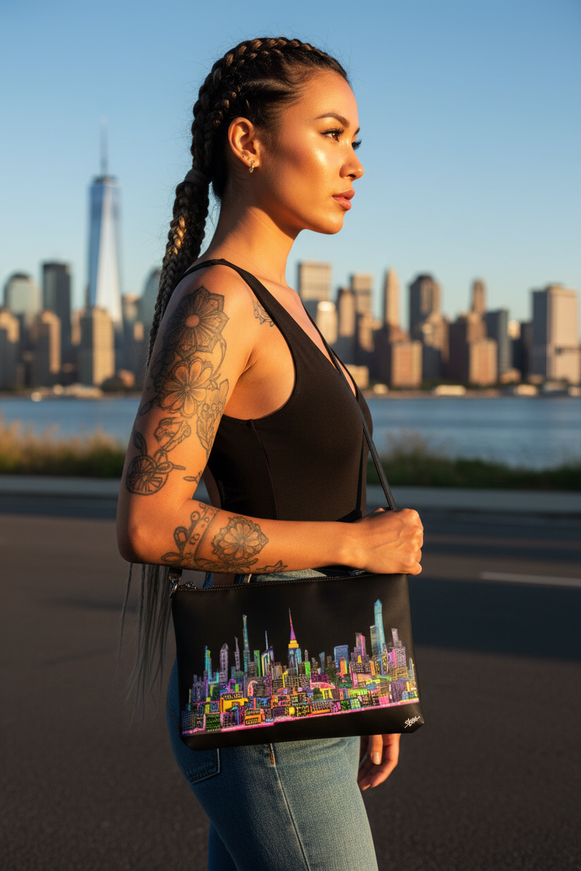 Female holding a black  bag with a colorful Loria NYC Art cityscape design against a city skyline.