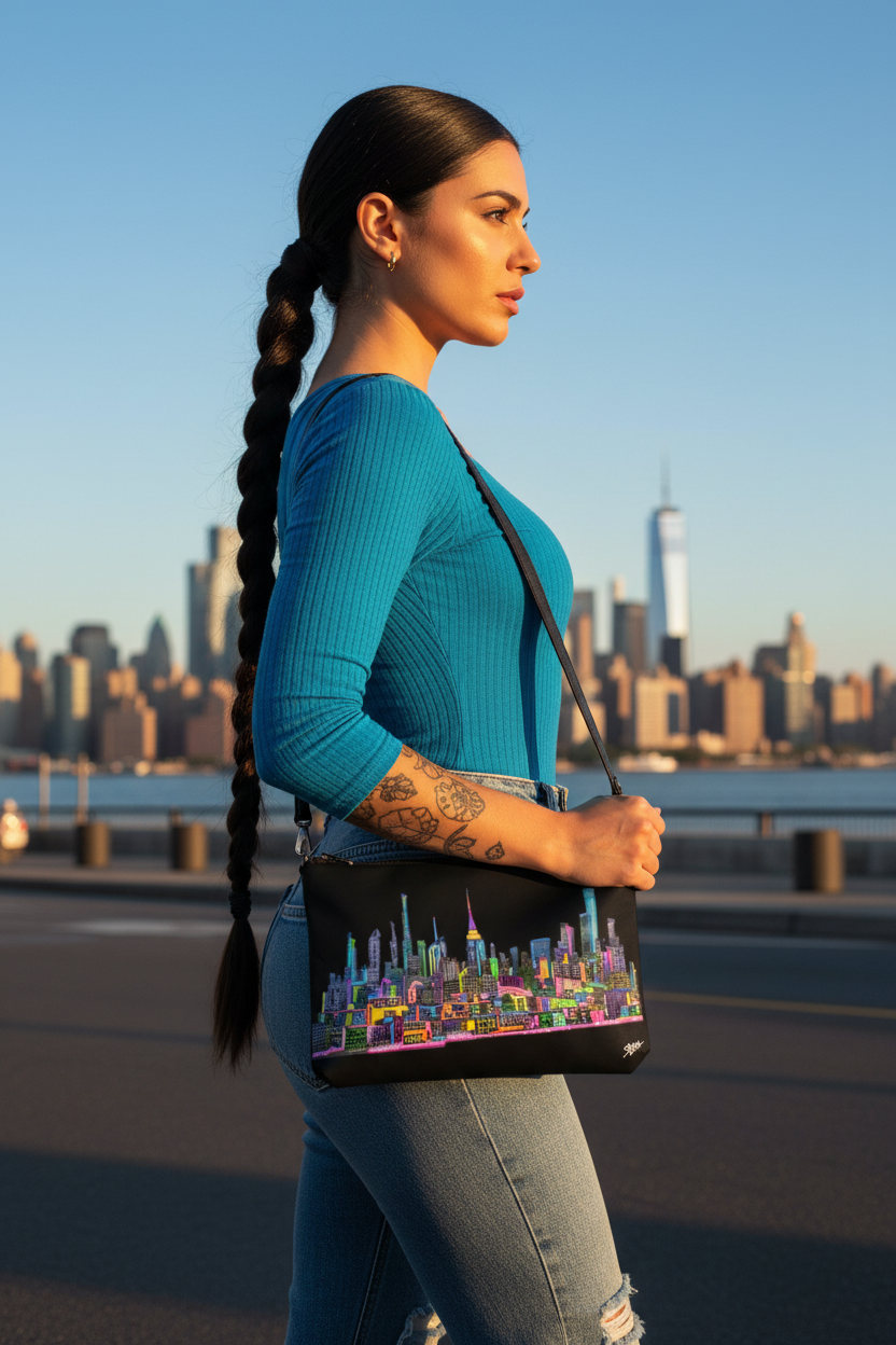 Woman holding a blue top holding a crossbody bag with a colorful Loria NYC Art cityscape design against a city skyline.