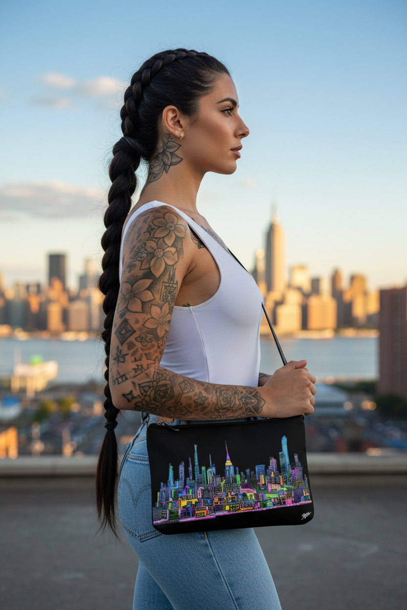 Woman holding a black crossbody bag with a colorful Loria NYC Art cityscape design against a city skyline.