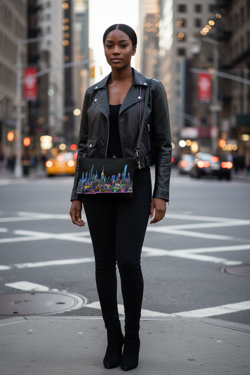 Woman in black leather jacket and pants holding a colorful Loria NYC Art handbag on a city street.