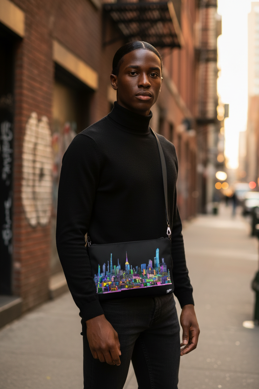 Man holding a colorful Loria NYC Art cityscape bag on a city street