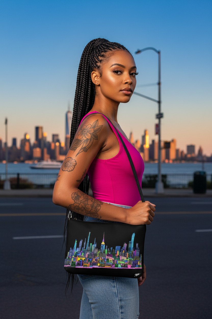 Female holding a colorful crossbody bag with a Loria NYC Art cityscape design against a city skyline.