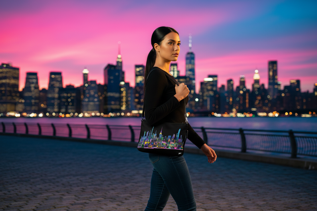 Woman holding a Loria NYC Art bag walking on a path with a city skyline and pink sky in the background