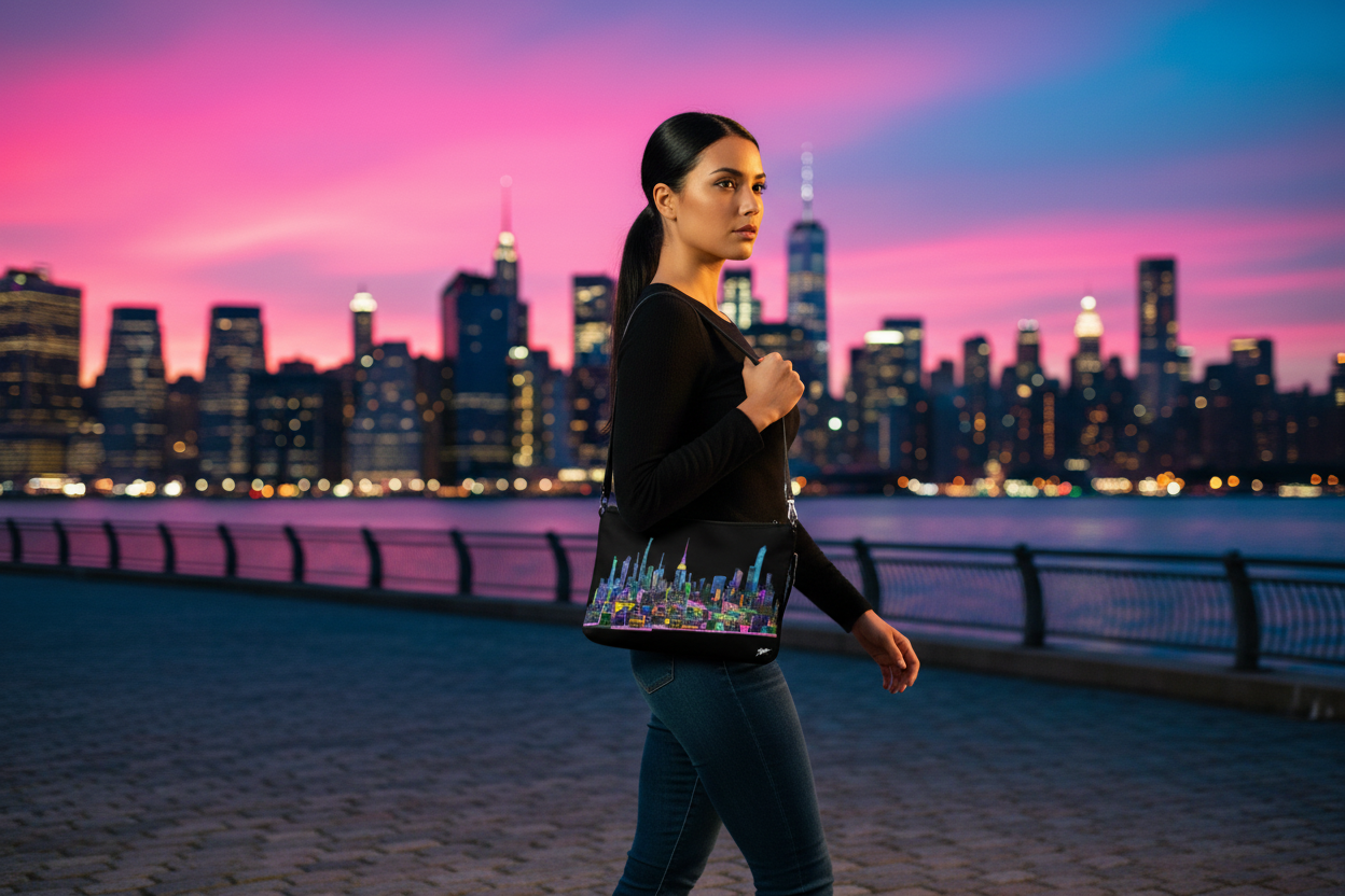 Woman holding a Loria NYC Art bag walking on a path with a city skyline and pink sky in the background