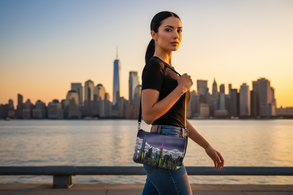 Woman holding a handbag with a Loria NYC Art cityscape design against a backdrop of a city skyline and water.