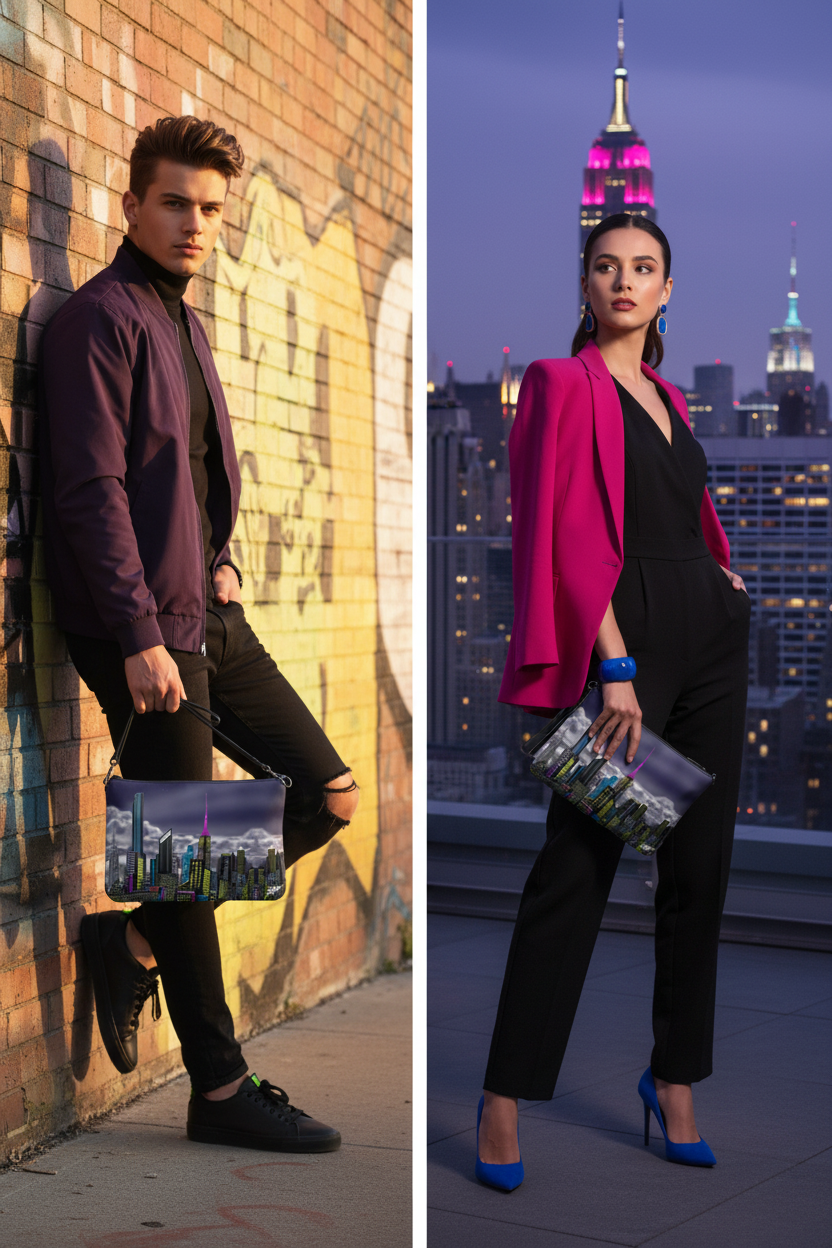Man leaning against a brick wall with a cityscape background, woman in formal attire with a city skyline holding a Loria NYC Art bag