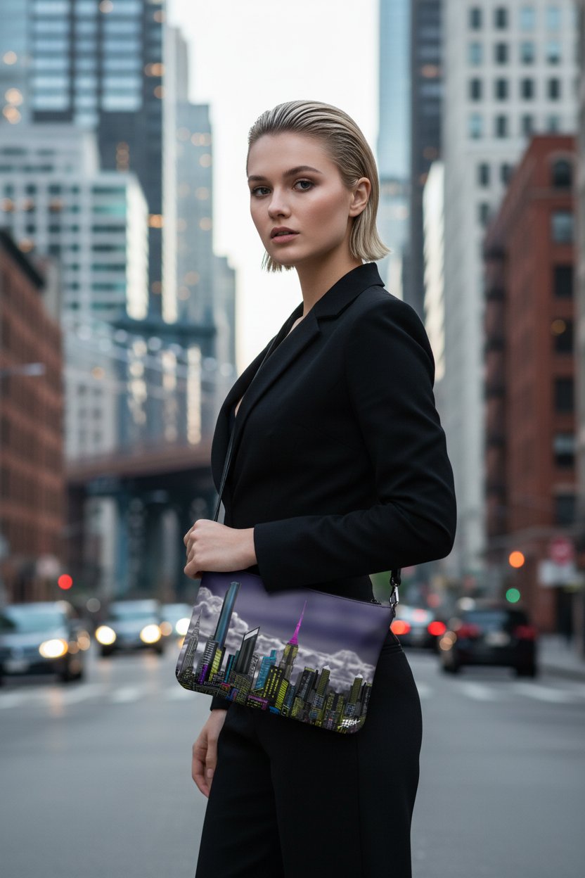 Woman in a black suit holding a clutch with cityscape Loria NYC Art design on a city street.