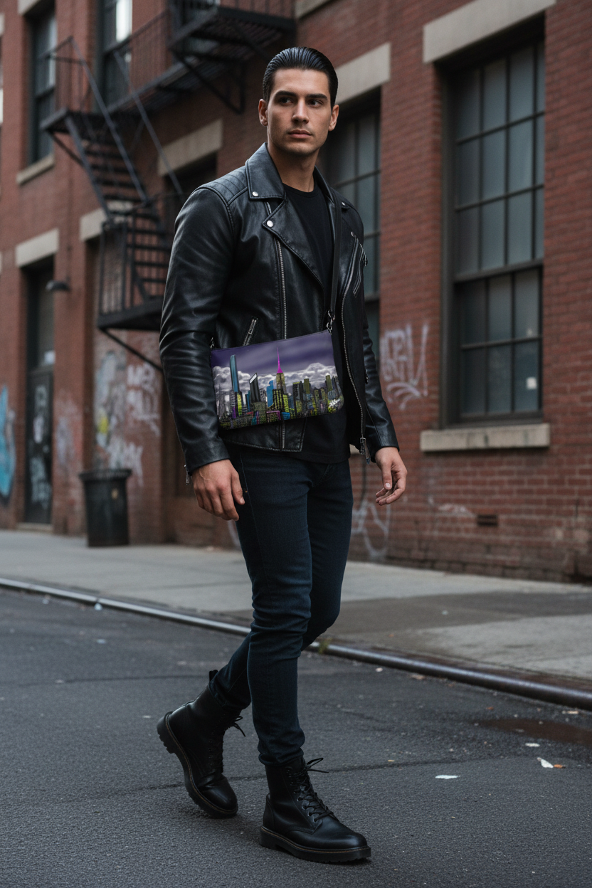 Man in a black leather jacket holding a Loria NYC Art bag on a city street.