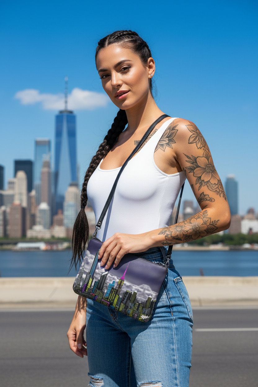 Woman holding a handbag with a Loria NYC Art design, standing in an urban setting with skyline in the background.