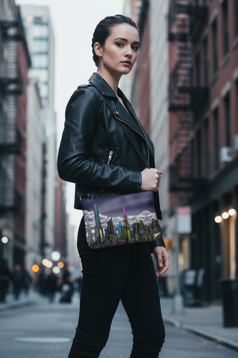 Woman holding a colorful cityscape Loria NYC Art bag on a city street