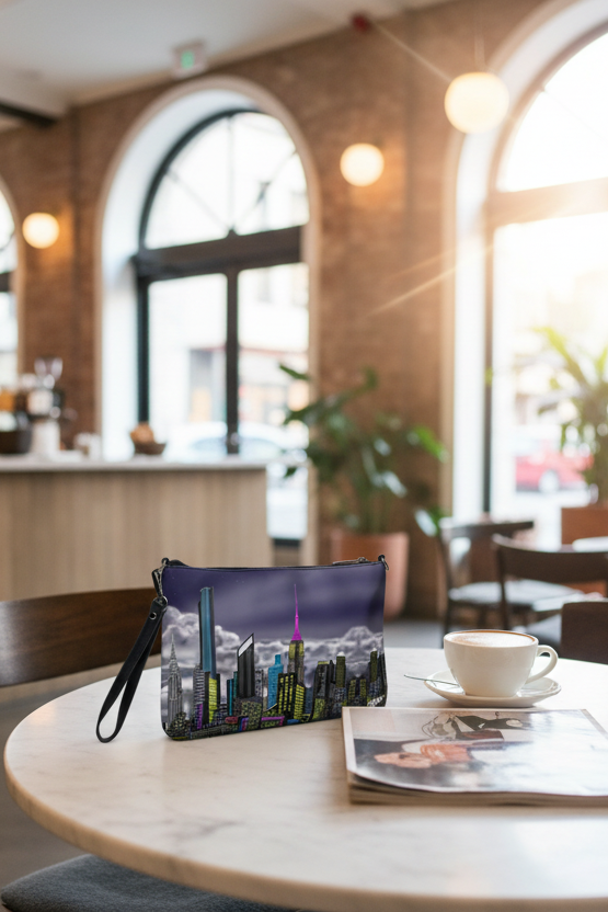 Cityscape Loria NYC Art bag on a table with a cup of coffee and magazine in a cafe setting
