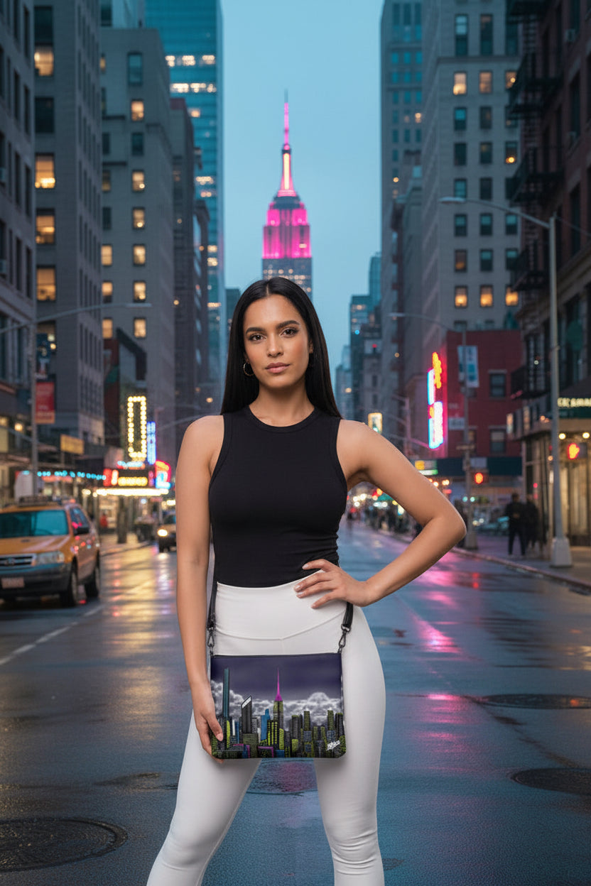 Woman holding a crossbody bag with a cityscape design on a urban background