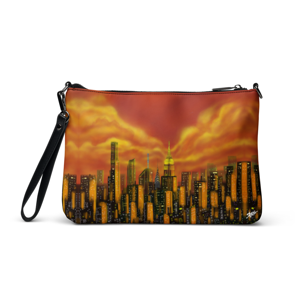Pouch with cityscape Loria NYC Art design and black wrist strap on a white background