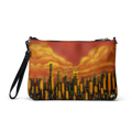 Pouch with cityscape Loria NYC Art design and black wrist strap on a white background