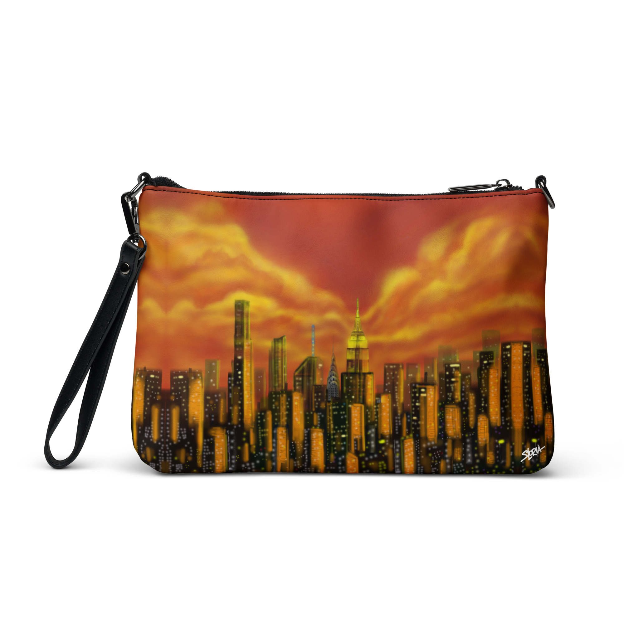 Pouch with cityscape Loria NYC Art design and black wrist strap on a white background