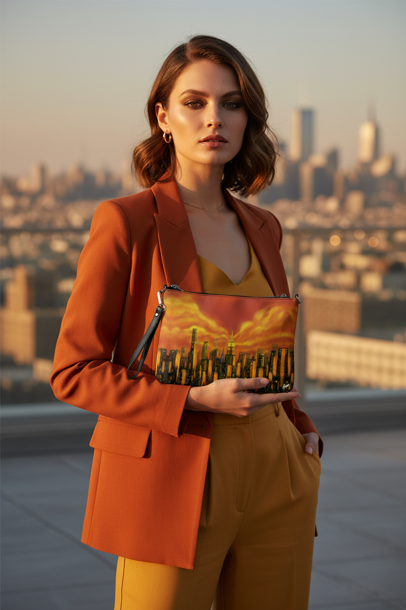 Woman holding a colorful handbag with a cityscape Loria NYC Art design, standing against an urban skyline.