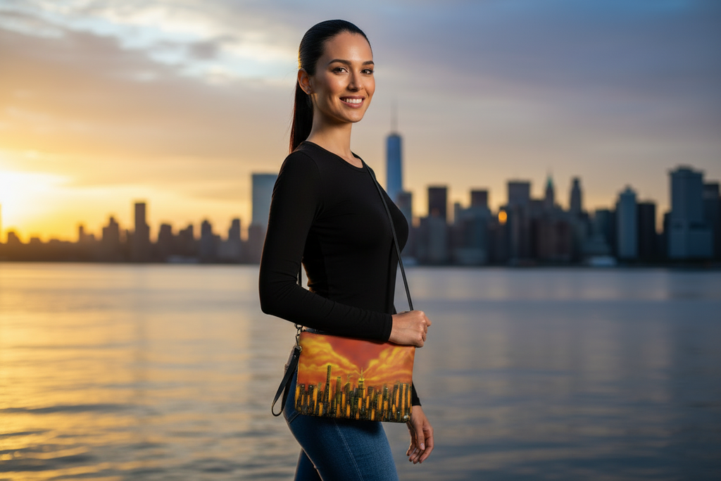 Woman holding a colorful Loria NYC Art handbag with a city skyline and sunset in the background