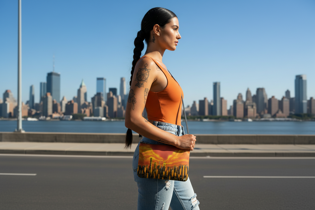Female holding an orange Loria NYC Art clutch bag with a city skyline background.