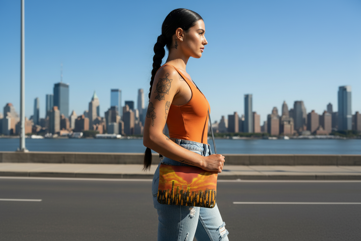 Female holding an orange Loria NYC Art clutch bag with a city skyline background.
